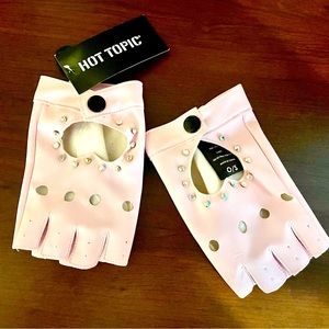 Pink Heart Cutout Moto Fingerless Gloves with Gemstones Details NWT